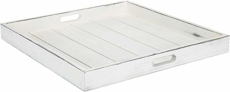 19-Inch Square Vintage White Wood Serving Tray with Cutout Handles, Set of 2 gallery
