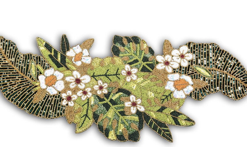 Handmade Beaded Table Runner Green Leaves Table Runner Luxury Tableware 13X36 In gallery
