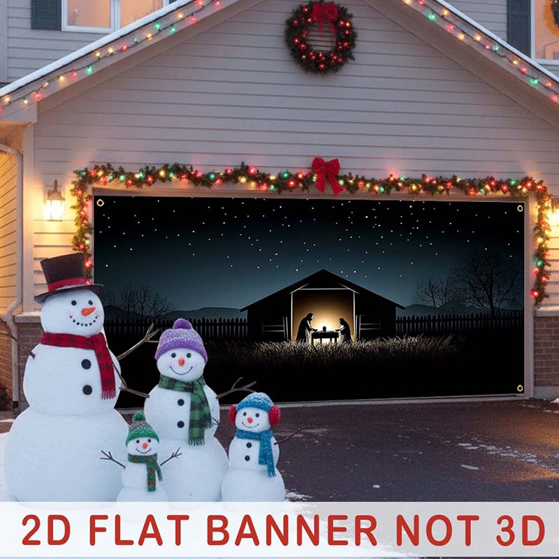 2D Flat, Large 1pc 2D Flat Christmas Nativity Scene Garage Curtain - 157.5x70.8
