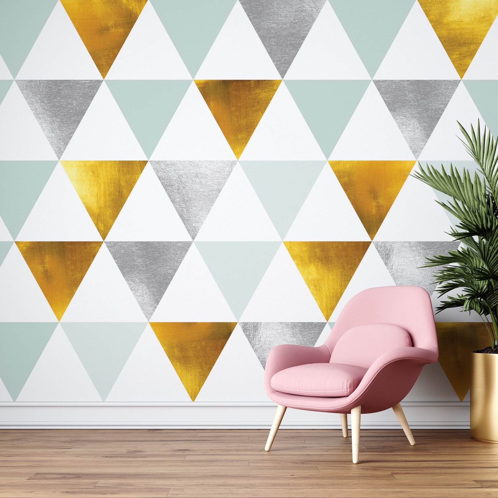 Triangle Geometric Abstract Pattern Wall Mural. Gold, Silver, Teal, Turquoise an gallery