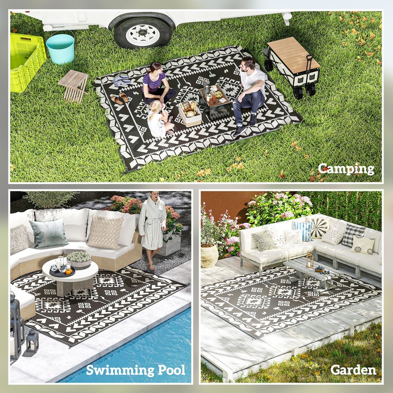 Black White Rhombus Patchwork Outsunny Outdoor Rug, 8' x 10' Floor Mat gallery