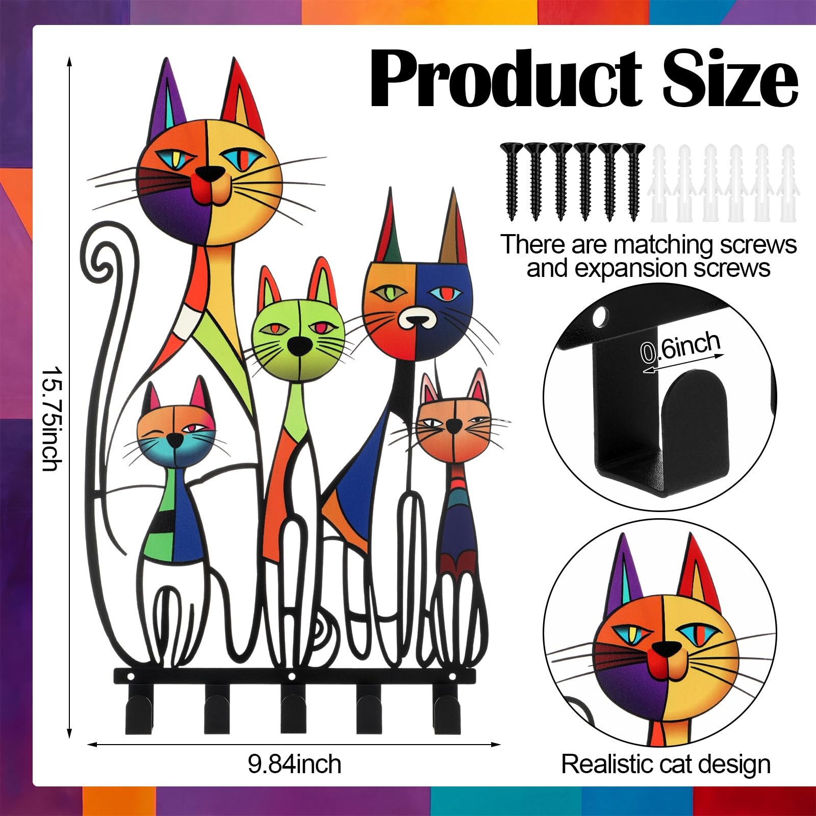 Mid Century Wall Mounted Coat Rack with 5 Hooks Retro Colorful Cat Wall Art D... gallery