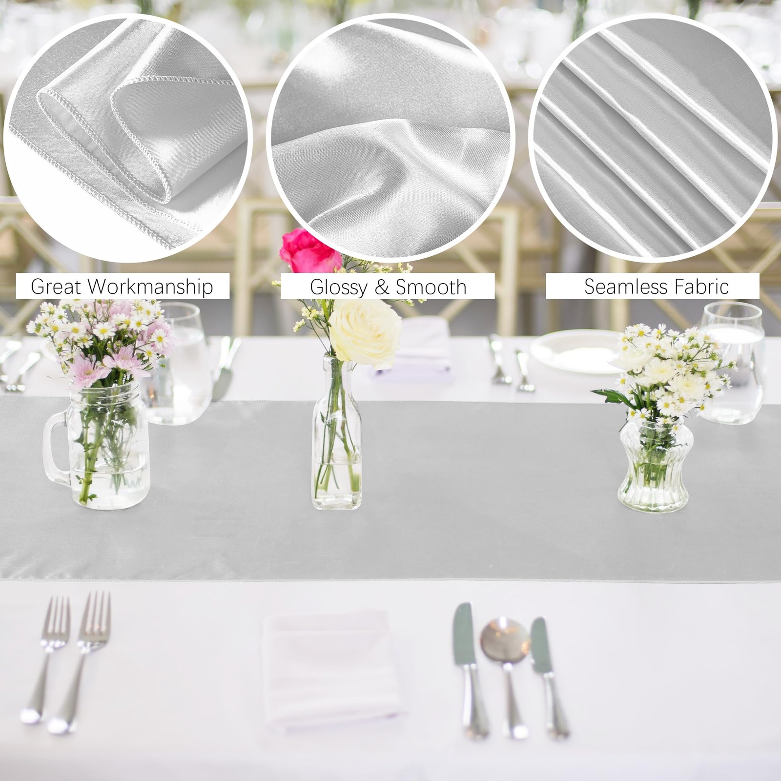 12 Pack 12x108 Inch Light Silver Long Wedding Satin Silk Table Runner for Party gallery