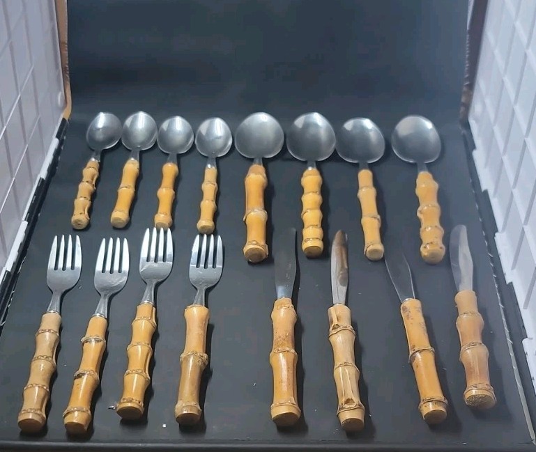 VTG Natural Bamboo Flatware Silverware Utensil 20 Pc BOXED Set Japan Stainless gallery