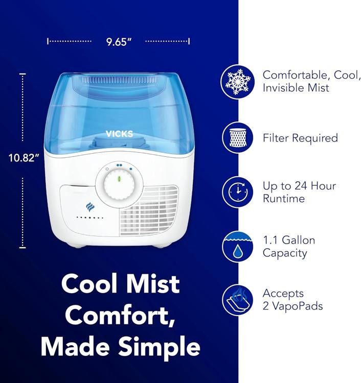Vicks Filtered Cool Mist Humidifier, Medium Room, 1.1 Gallon Tank - Humidifier f gallery