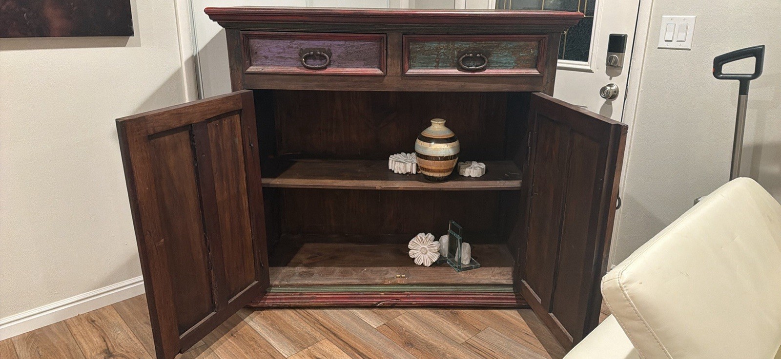 Rustic Distressed Wood Freestanding Cabinet, 2 Doors 2 Drawers, Shelf Handles gallery