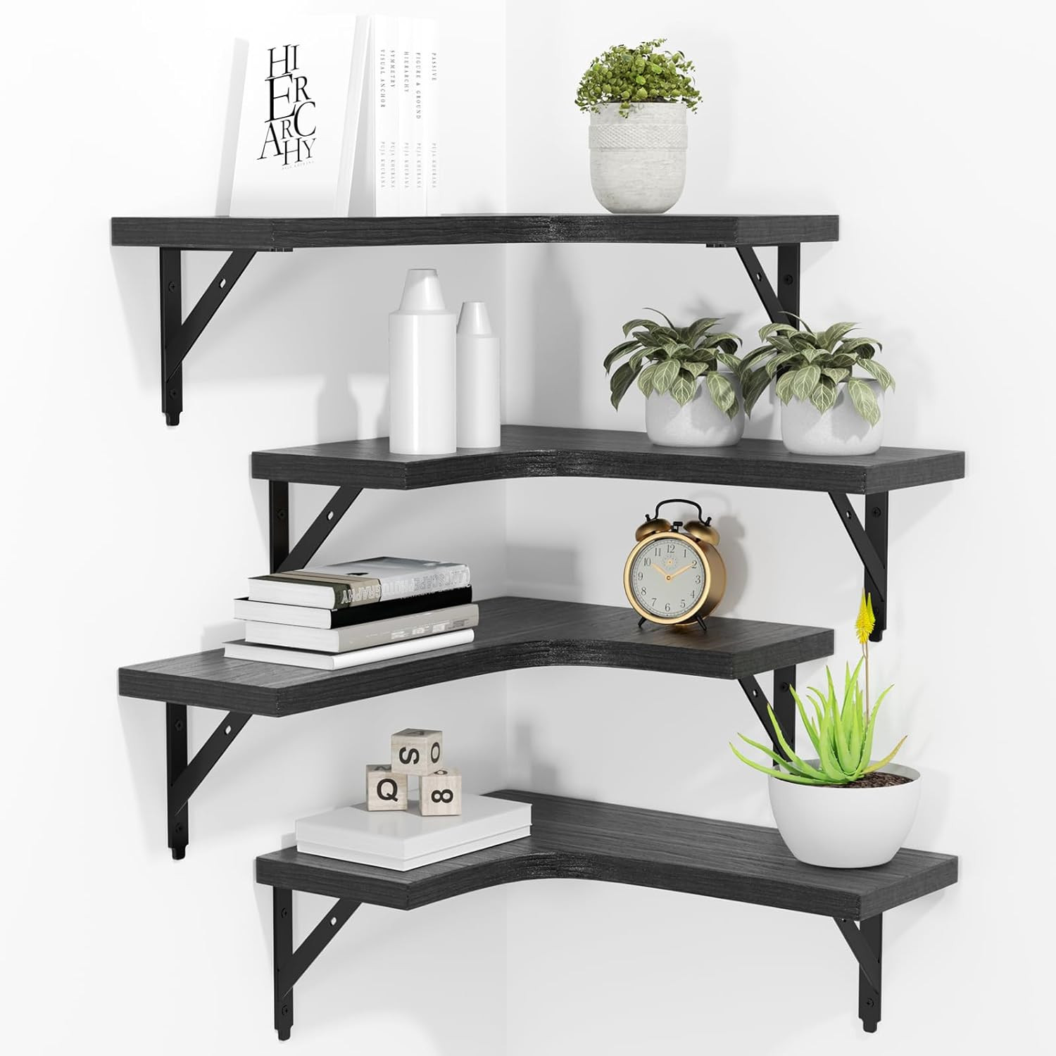 ROMGUAR CRAFT Corner Floating Shelves Wall Mounted Set of 4, Rustic Wood Storage gallery