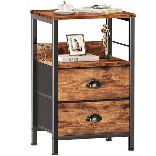 Nightstand with 2 Fabric Drawers, Night Stand with 2-Tier Rustic Brown 1pc gallery