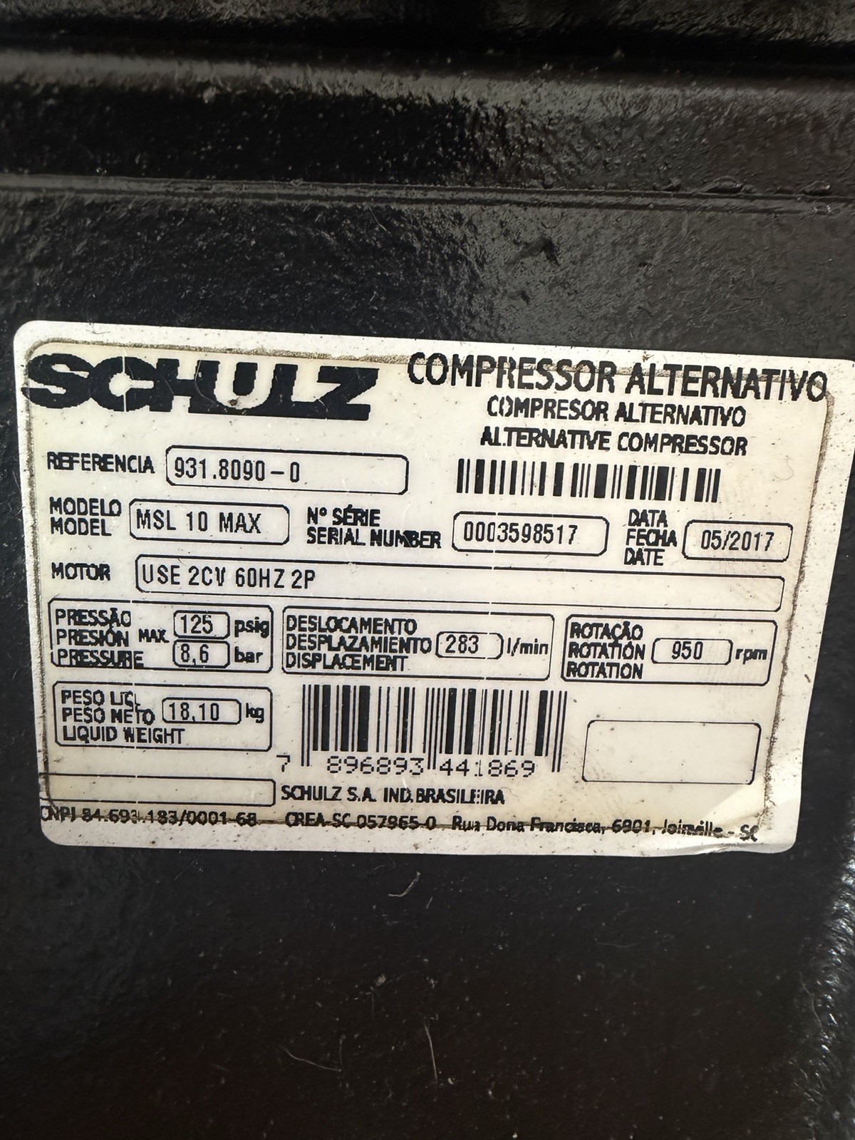 Schulz MSL 10 MAX Alternative Compressor Pump 220V 125 psig 283 L/min Oil gallery