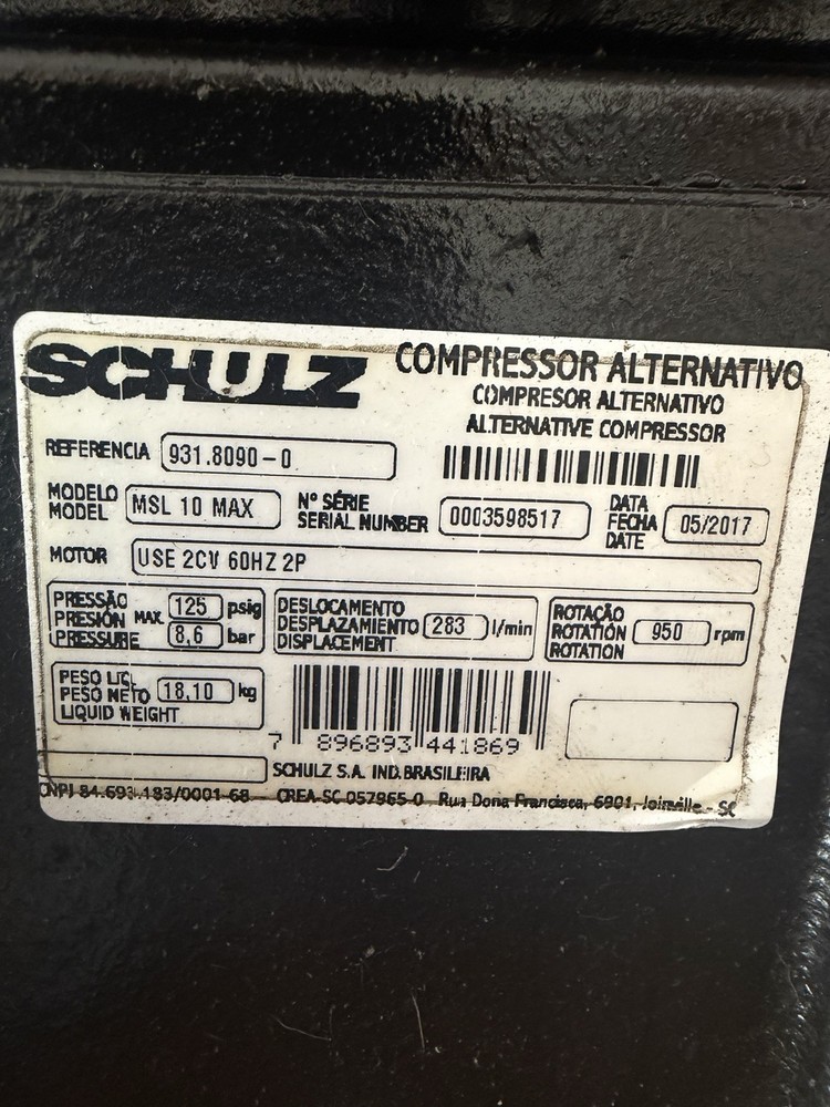 Schulz MSL 10 MAX Alternative Compressor Pump 220V 125 psig 283 L/min Oil