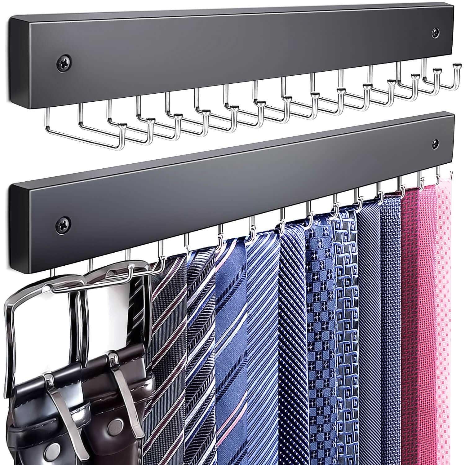 2Pack Tie Rack Wall Mounted Wooden Tie Hanger Tie Organizer for Men with 28 Hook gallery
