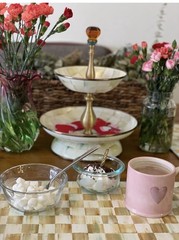 Mackenzie-Childs Parchment Round 2-tiered stand, White & Gold Rim