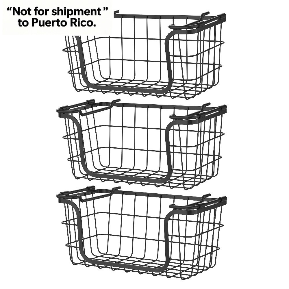 Stackable Metal Wire Storage Basket Set for Pantry, Countertop– Black, Set of 3