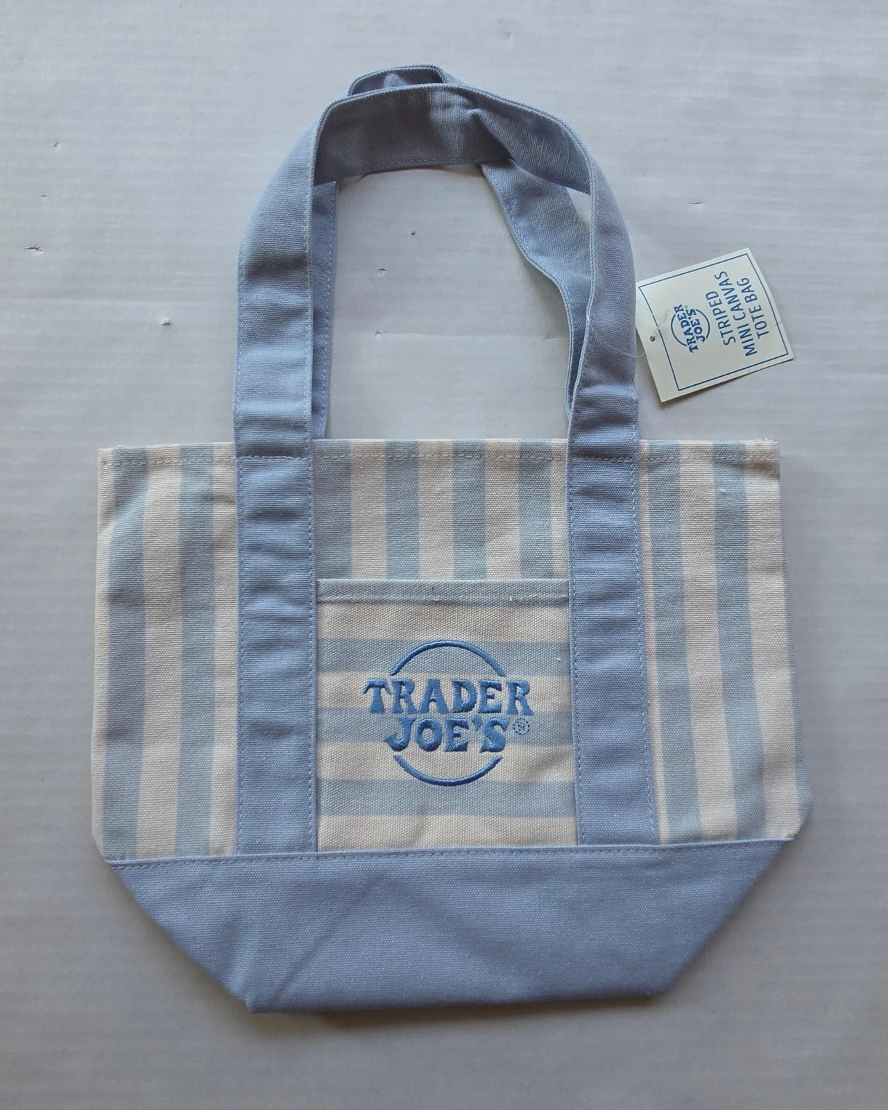 Trader Joe’s MINI Canvas Reusable Bag, with Off White or Tan, LIGHT BLUE STRIPES gallery