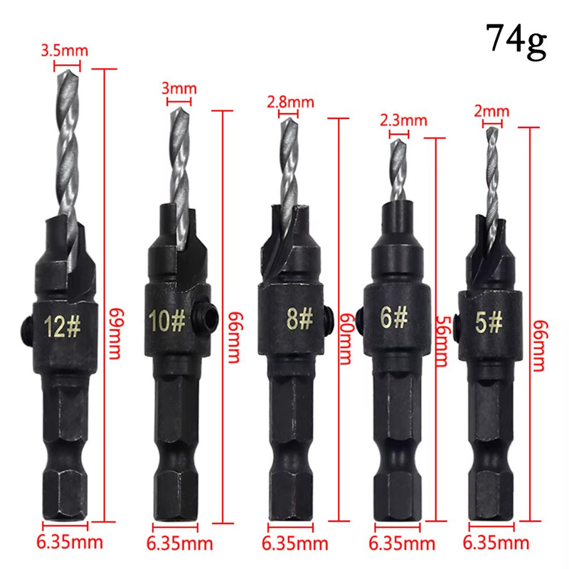 5Pcs 1/4" Hex Countersunk Taper Drill Bits Woodworking Hardware Tool Kit gallery