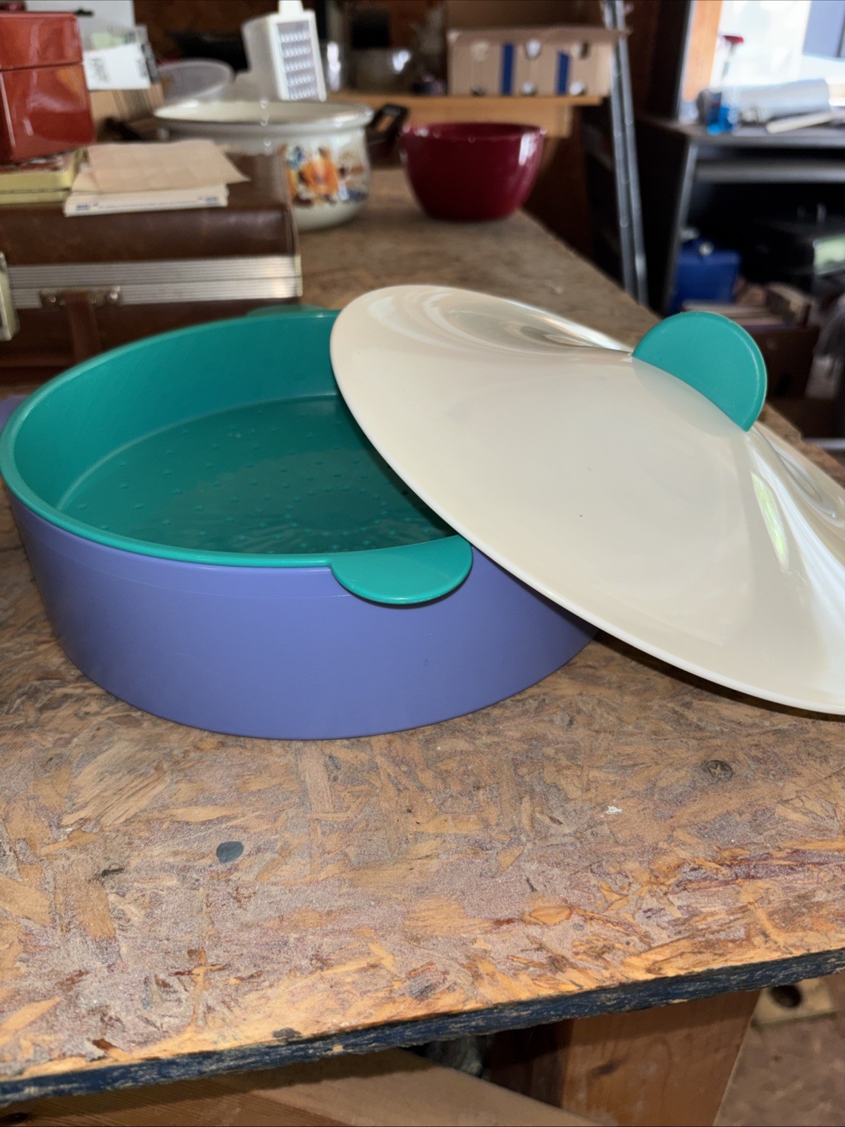 Tupperware Three Piece Microwave Steamer Set Teal Purple White gallery