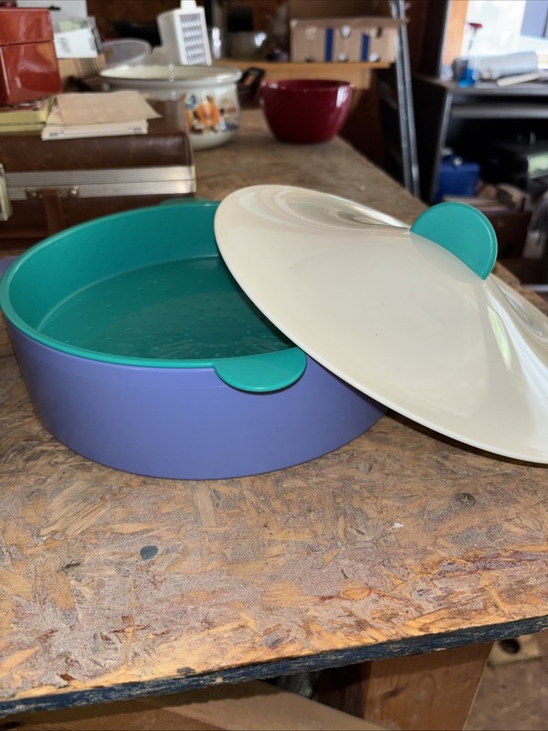 Tupperware Three Piece Microwave Steamer Set Teal Purple White gallery