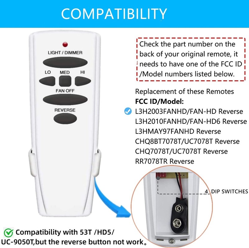 Reversing Ceiling Fan Remote Control for Hampton Bay Hunter UC7078T CHQ7078T gallery