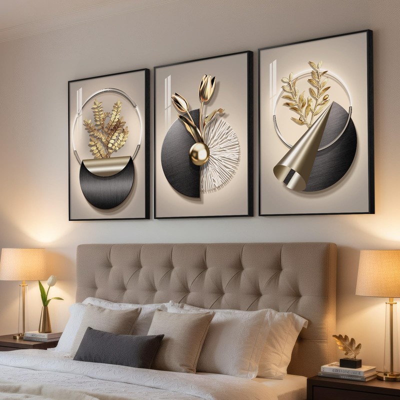 Large Framed Modern Elegant Wall Art for Living Room, 3 Piece Black and Gold ... gallery
