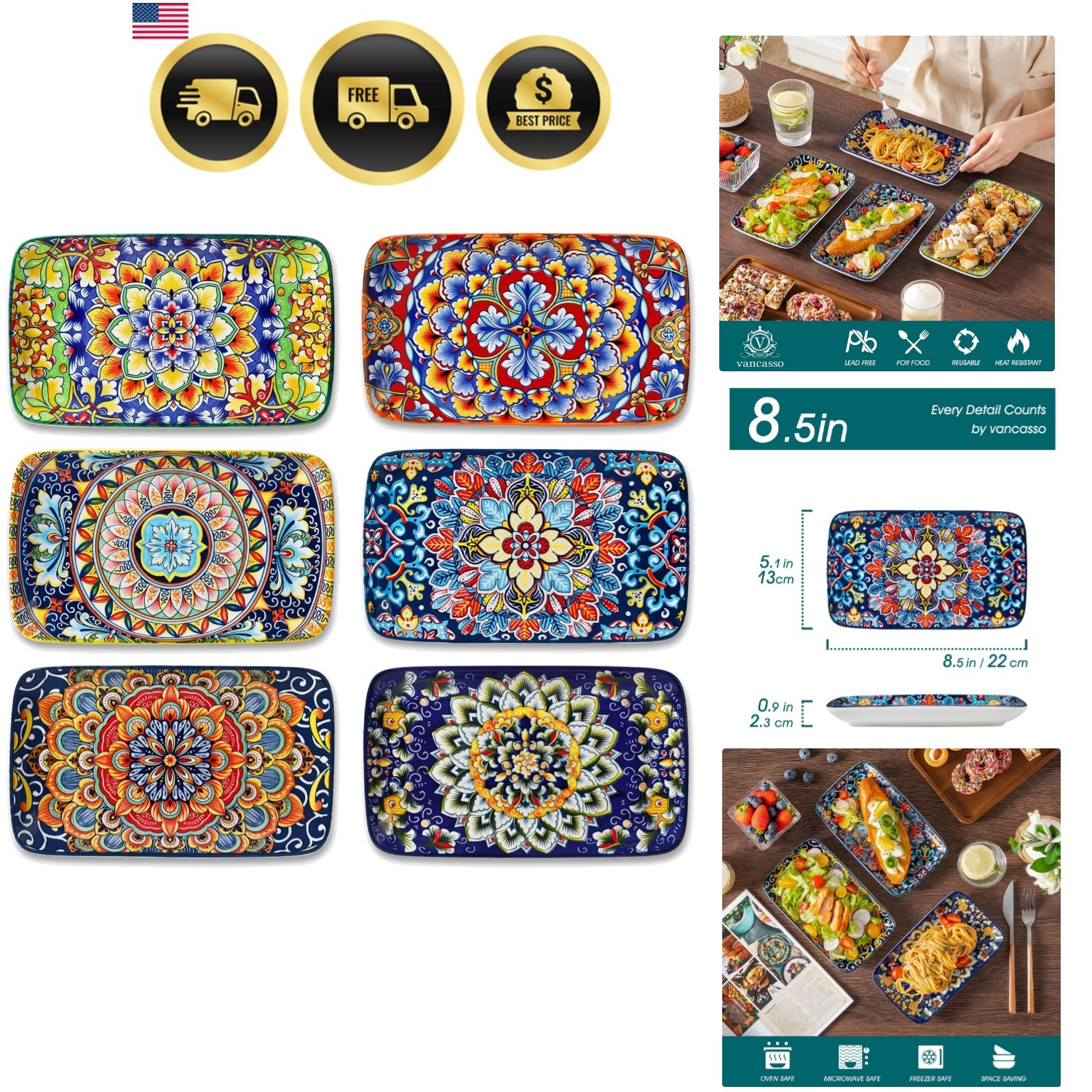 Simi 6-Piece Ceramic Salad Plates Set - 8.5 Inch, Rectangular Dessert Plates ... gallery