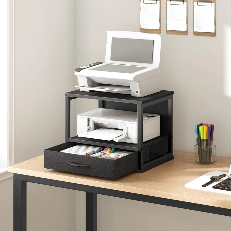 2-Tier Desktop Printer Stand with Drawer, Under-Desk Printer Table with Storage gallery