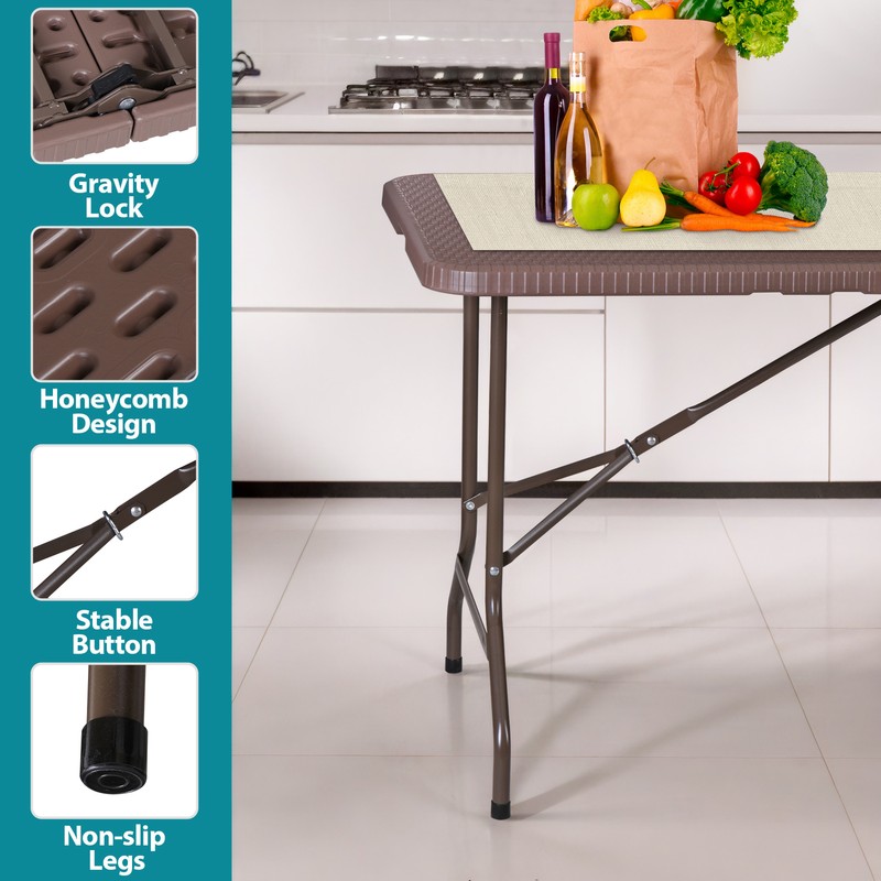 6FT Plastic Folding Table Portable Fold-in-Half Picnic Table with Handle Brown gallery