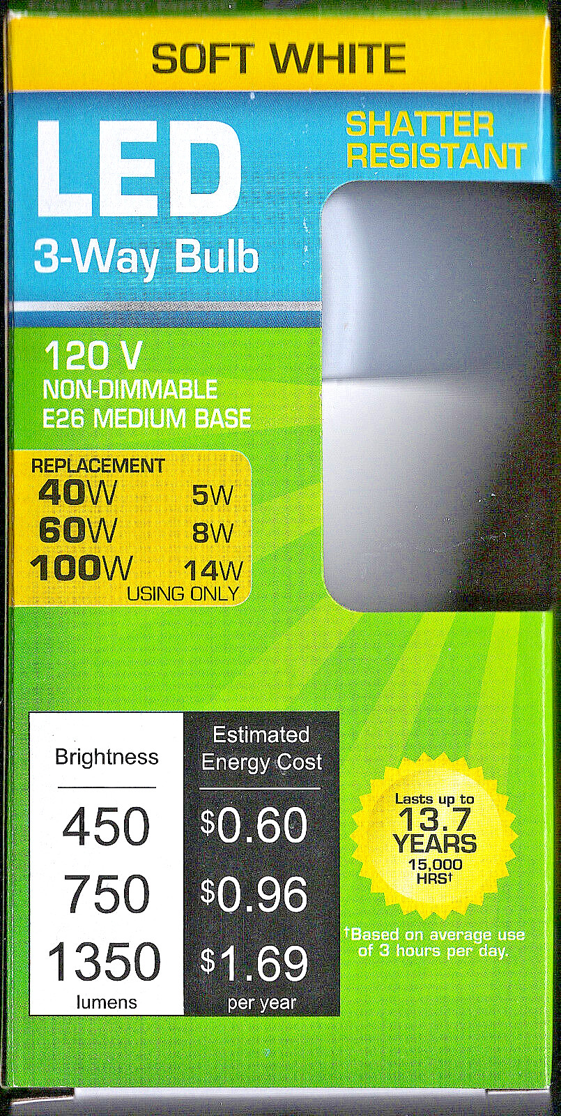 Soft White A19 LED 3 Way 40/60/100 Watt Replacement Light Bulbs Standard Base gallery