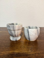 Pair Vintage Solid Marble Bowls Cups Gray Veined Stone Heavy Hand Carved Set