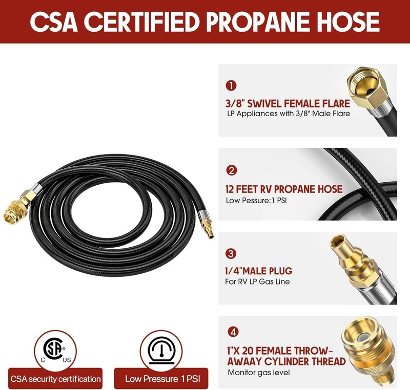 12 FT LP Propane Quick Connect Hose Gas Grill Hose for 1 LB Appliance 3/8 Female gallery