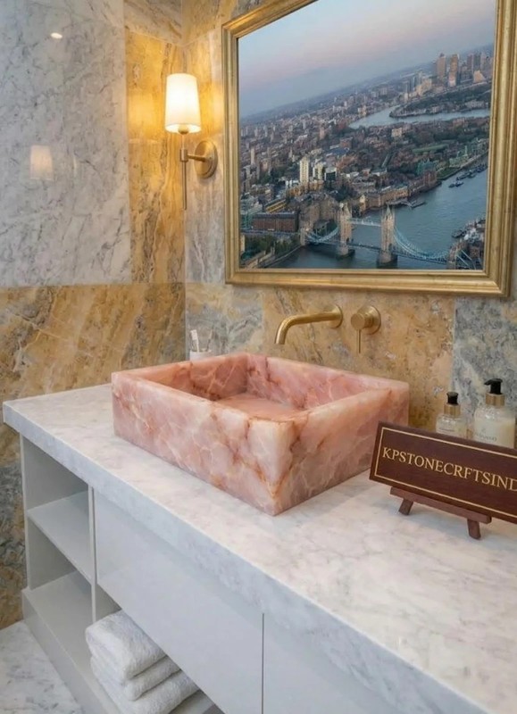12"x15" Luxury Rose Quartz Rectangular Vessel Sink Handcrafted Natural Gemstone gallery