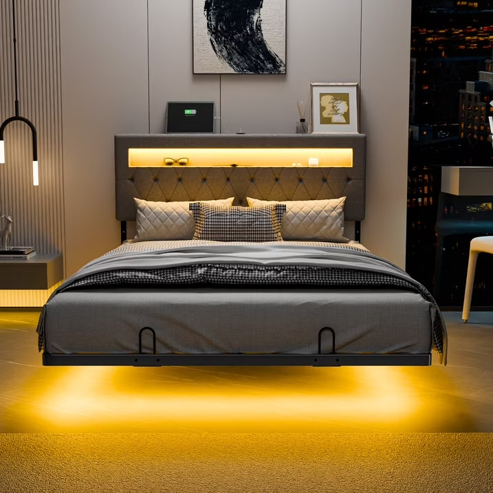 Full Floating Bed Frame w/ LED Cama Full con Luz LED Plataforma Gris NEW gallery