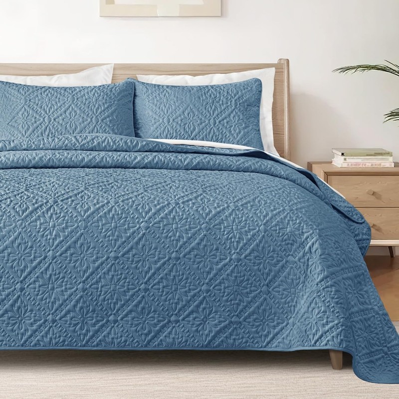 King Quilt Bedding Set Light Soft Modern Floral Gray Blue All Seasons gallery