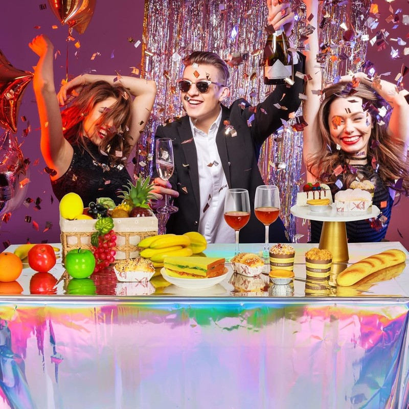 4 Pack Iridescent Plastic Tablecloths, Shiny Disposable Laser Rectangle Table... gallery
