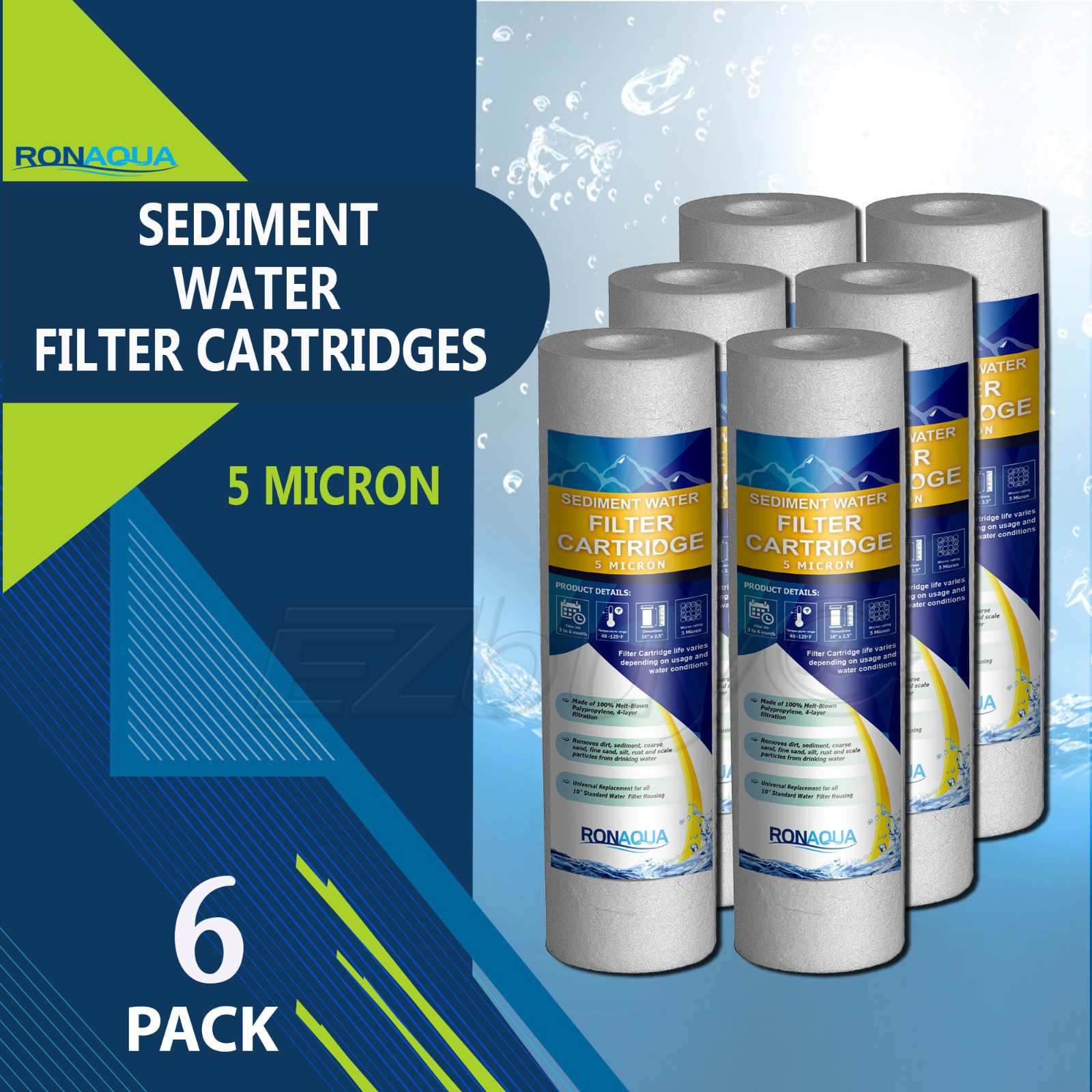 6 Pack Sediment 5 Micron Water Filter Cartridges 2.5" x 10" for Reverse Osmosis gallery