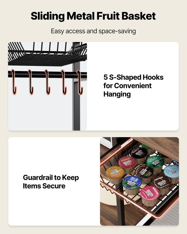 3-Tier Kitchen For Baker Rack: Walnut Top, Black Metal Frame, X-Brace, 5 Hooks gallery