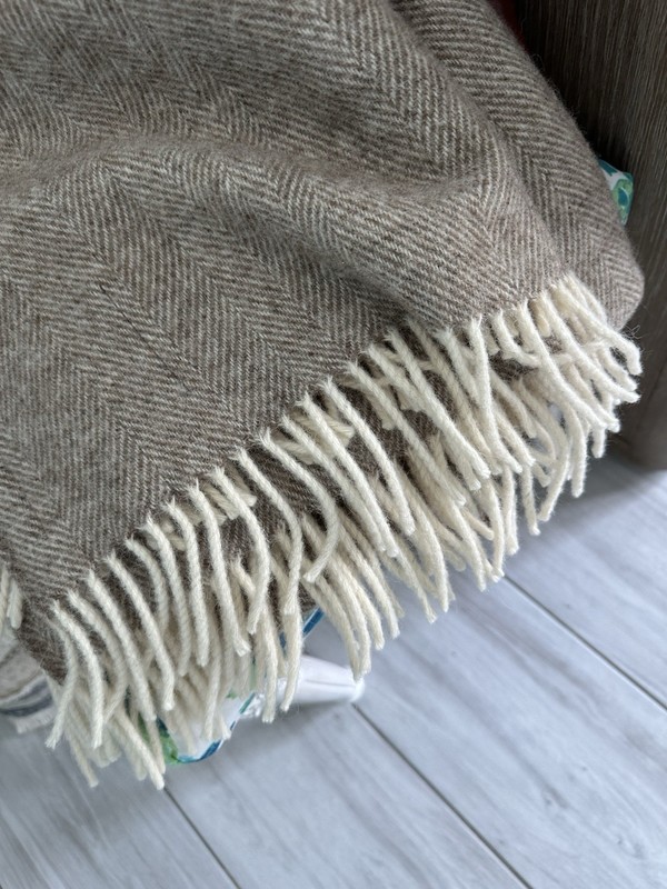 Bronte By Moon Wool Throw Fringed Blanket Lt Brown & Cream 53”x 68" gallery