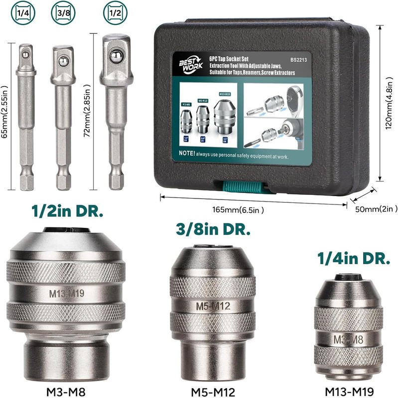 6 Pcs Adjustable Tap Sockets Tap Socket Set 1/4", 3/8", 1/2" Tap Holder Tool New gallery