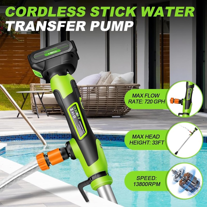 Cordless Stick Water Transfer Pump Head Silent w/1 4000 mAh Battery 720GPH 33FT gallery