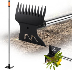 Larger Weed Puller Tool with Long Handle, Heavy Duty 10 Teeth Weed Rake & Hoe Ga