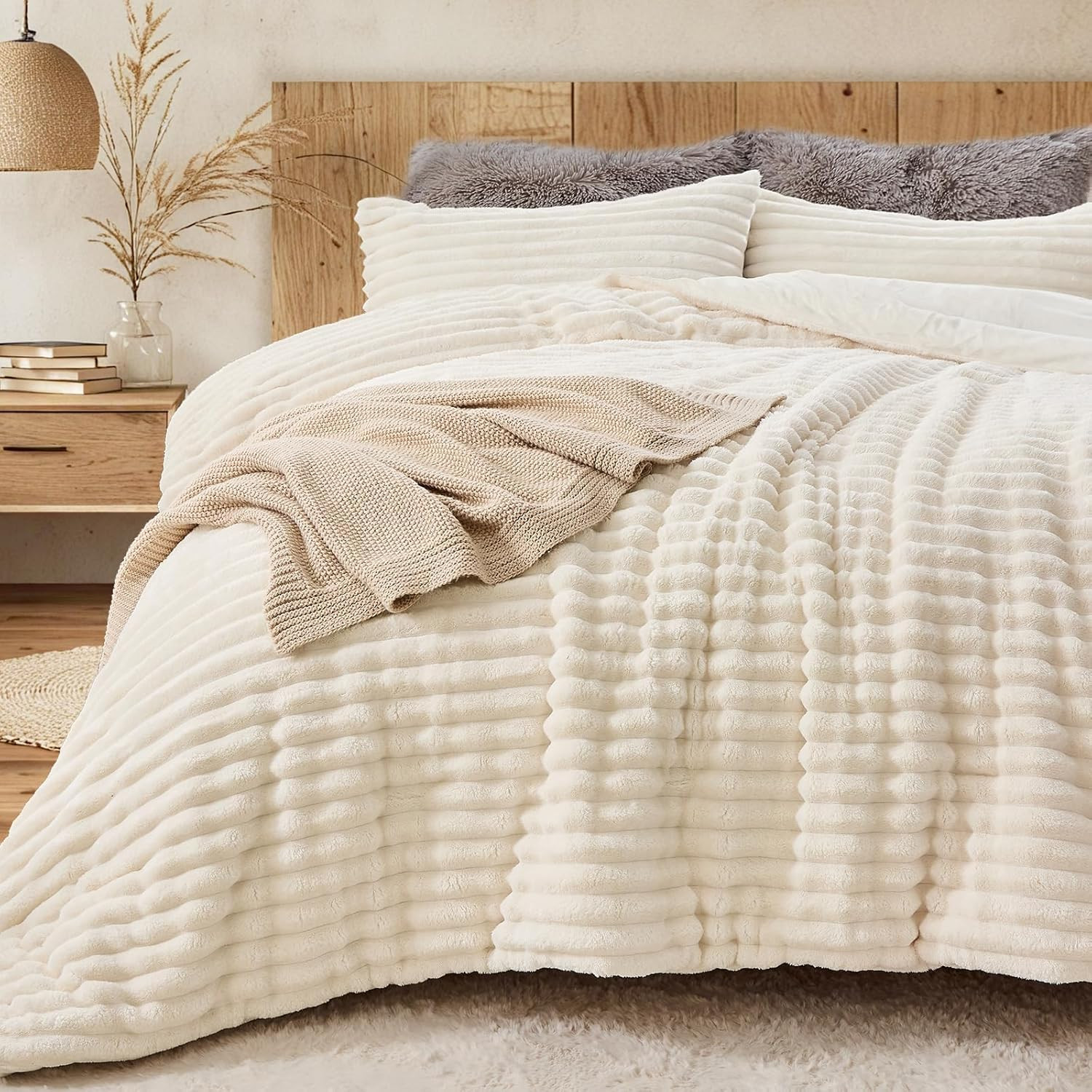 Fluffy Comforter Set Queen 3 Pieces - Super Soft & Fuzzy Cream White Comforter S gallery