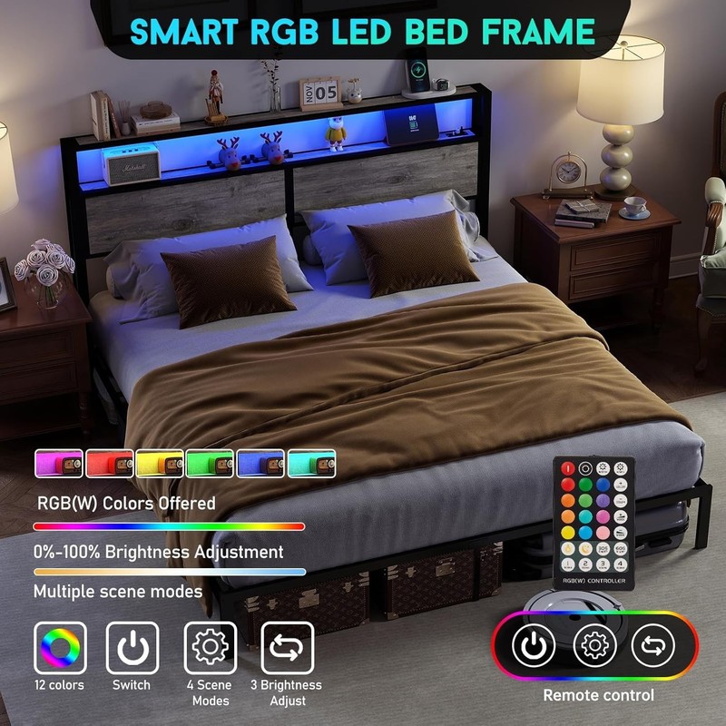 Full Queen King Bed Frame with Storage Headboard ,Charging Station & LED Lights gallery