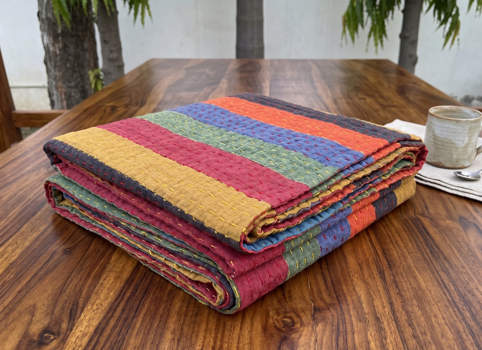 Multi-Color Striped Patchwork Cotton Blanket, Bedspread Hippie Vintage Blanket gallery