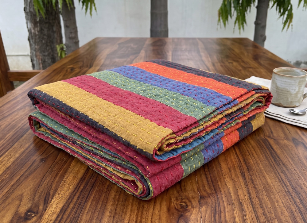 Multi-Color Striped Patchwork Cotton Blanket, Bedspread Hippie Vintage Blanket