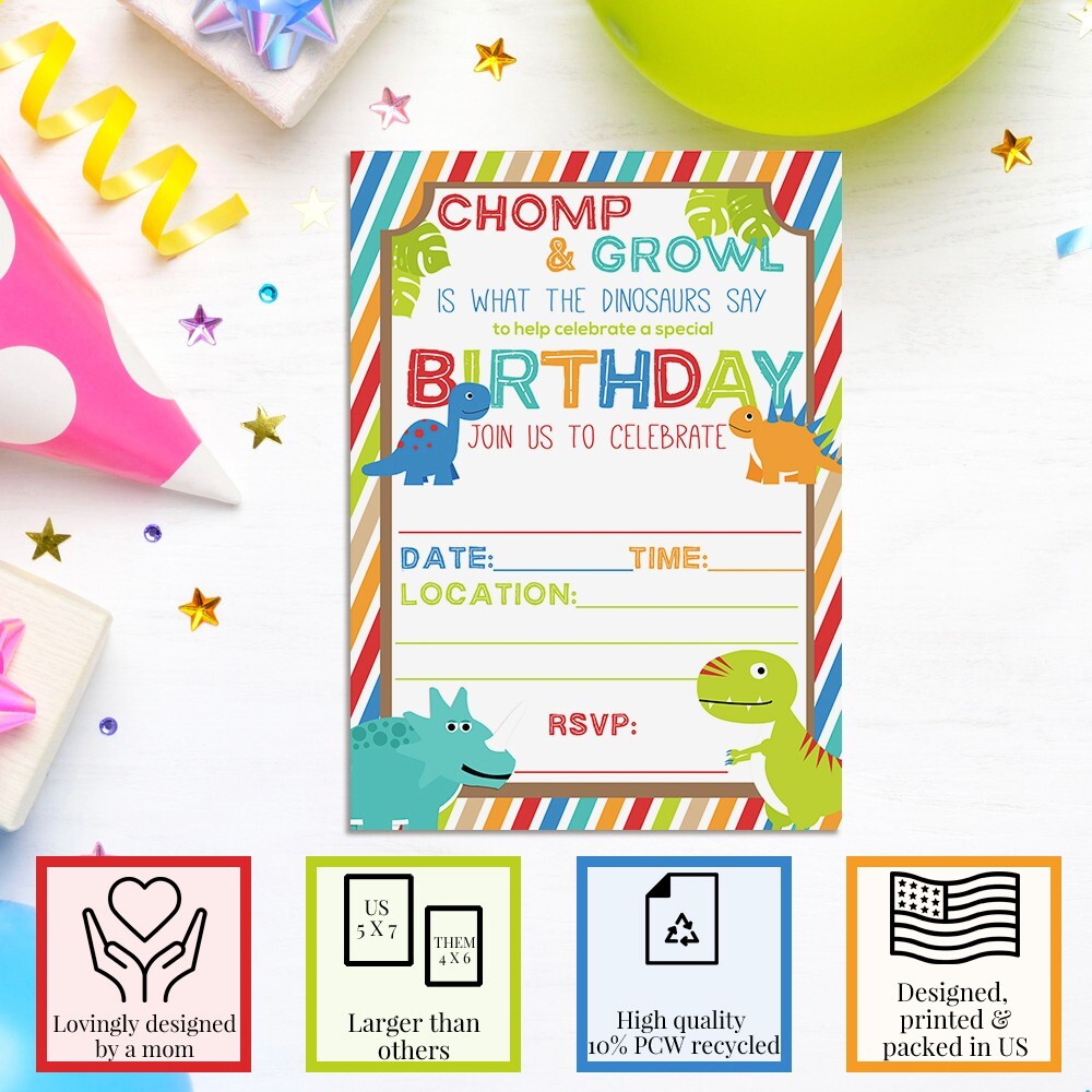 Dinosaur Chomp & Stomp Birthday Party Invitations for Kids set of 10 gallery