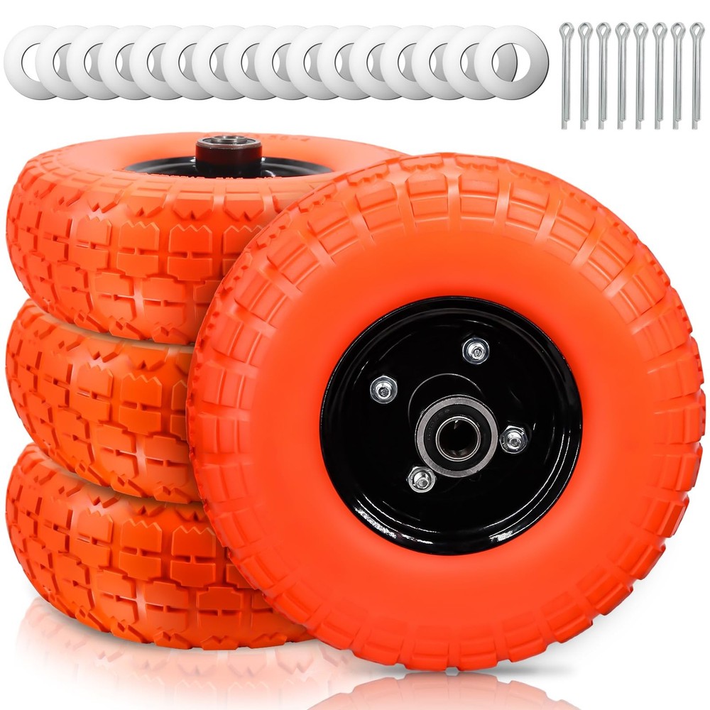 Flat Free Solid Polyurethane Tire & Wheel, 10" for Wheelbarrows & Carts 4 Pack