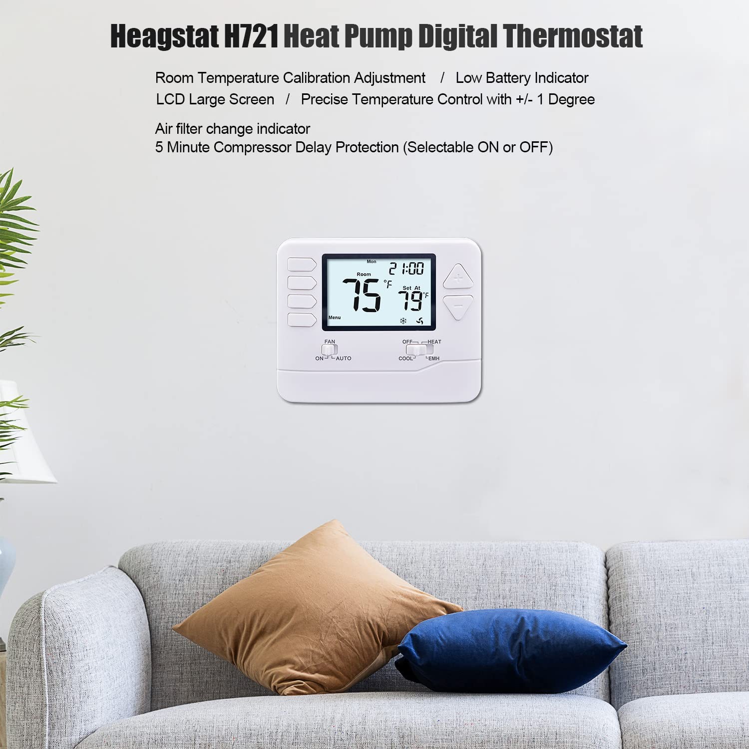 H721 Non-Programmable Heat Pump Thermostat, 2 Heat/1 Cool, with 4.5 sq. Inch Dis gallery