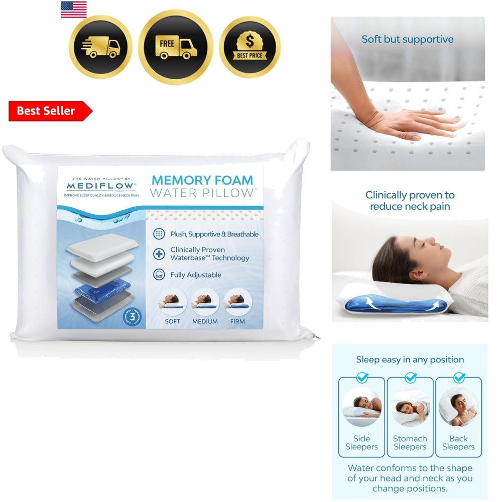 Water Pillow with Memory Foam — Adjustable Waterbase; One-Piece Foam; Clinica...