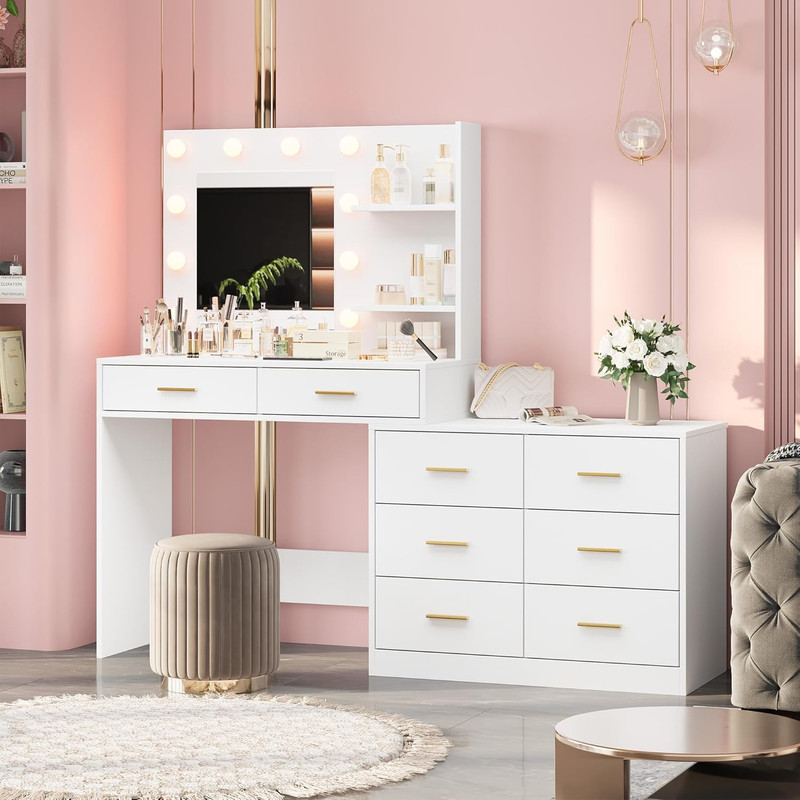61" Makeup Vanity Desk with Mirror, Lights & 8 Storage Drawers gallery