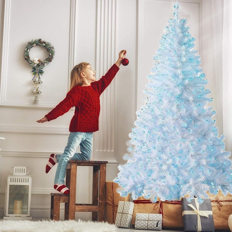 4ft/5ft/6ft/7ft White Christmas Tree Bushy With Blue LED Lights Pine Decor US gallery