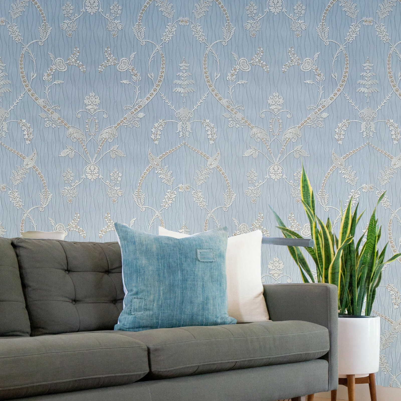Blue gray Gold metallic diamond lines faux fabric textured damask Wallpaper roll gallery
